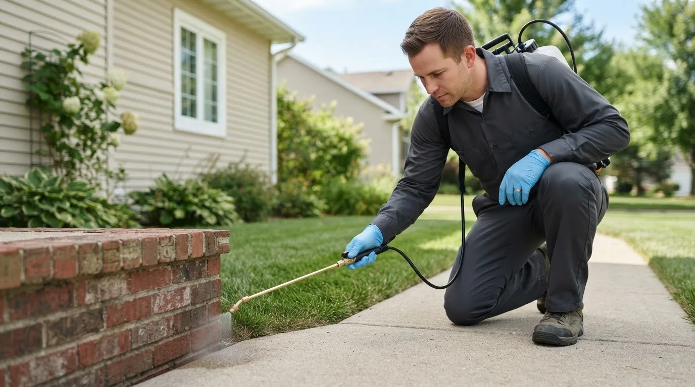 Pest control technician treating a home near Greenville, NC