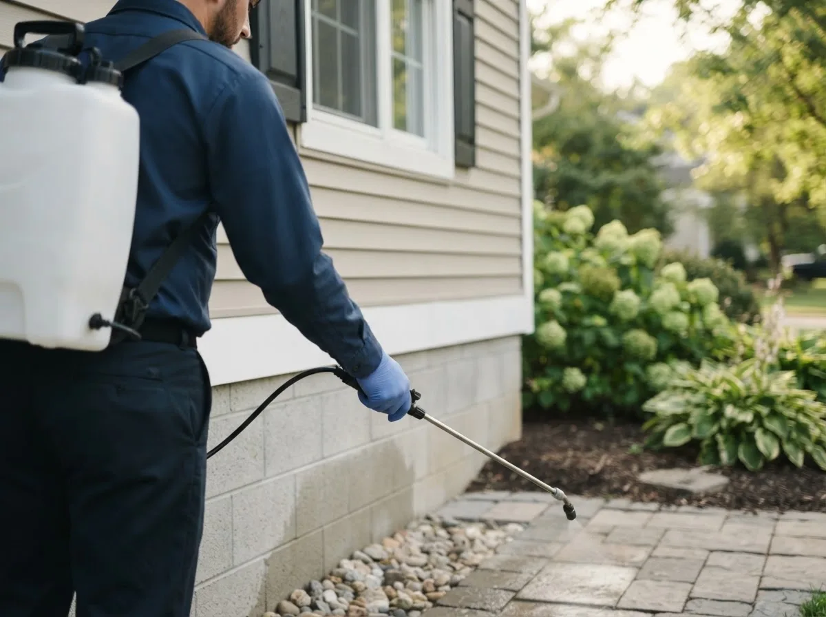 Pest control technician inspecting a home in Greenville, NC